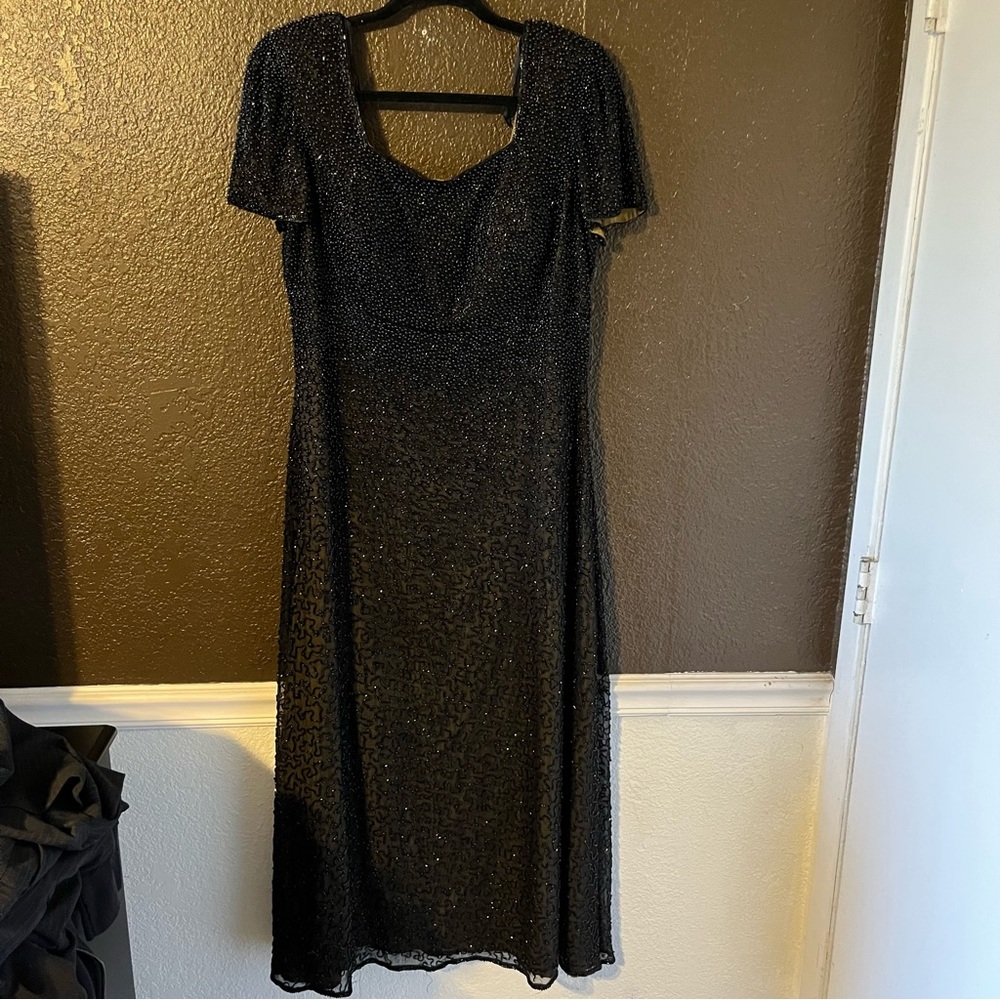 Black Beaded Full Length Vintage Lillie Rubin Silk Short Sleeve Gown, Size XL